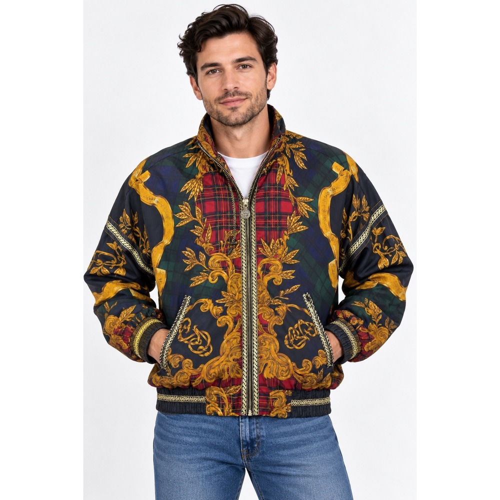 Vintage Giacca Sport Baroque Plaid Bomber Jacket Gold Scroll 90s Medium Korea